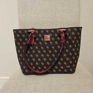 Dooney & Bourke Brown Tote With Gold And Red Accents